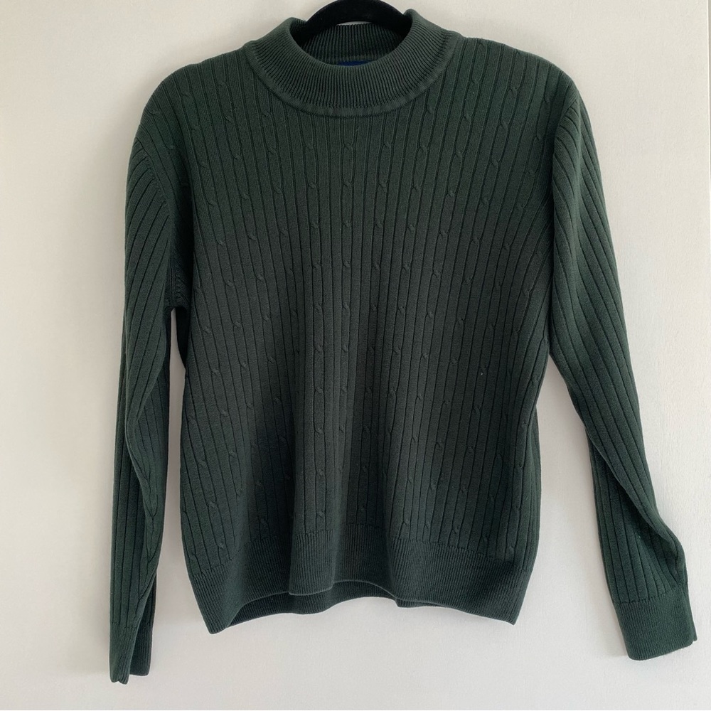 Mock Neck Ribbed Cable Knit Sweater Dark Green